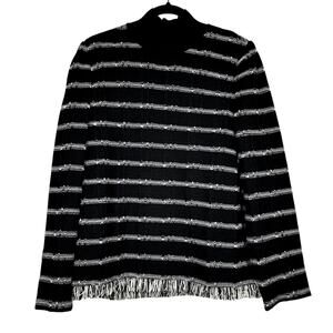 Ming Wang Black White Chunky Knit Sweater Womens M Fringe Preppy Pullover Mock